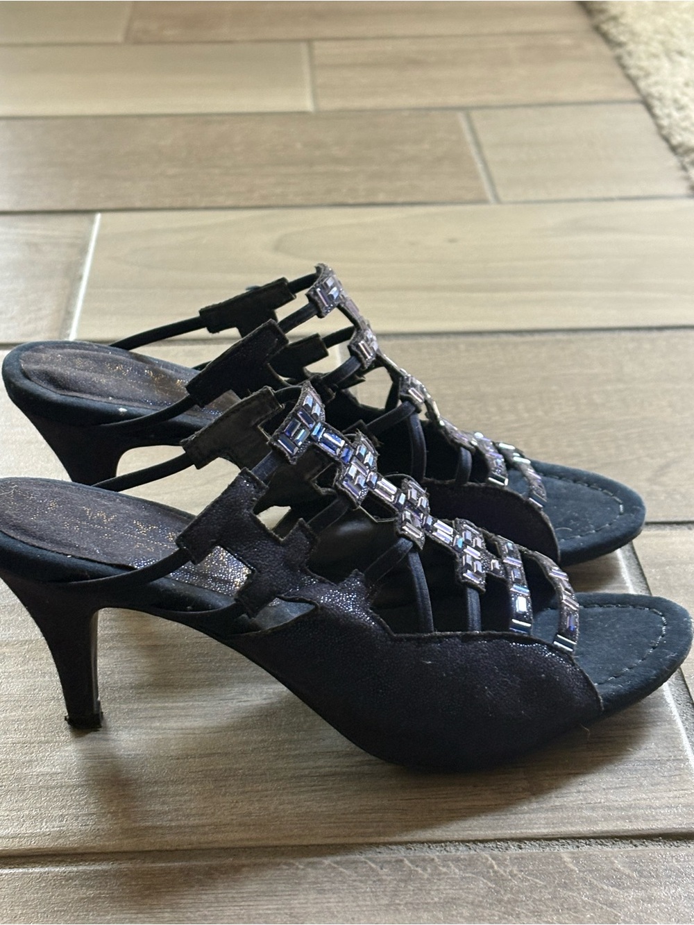 New York Transit Black Beaded Strappy Heels